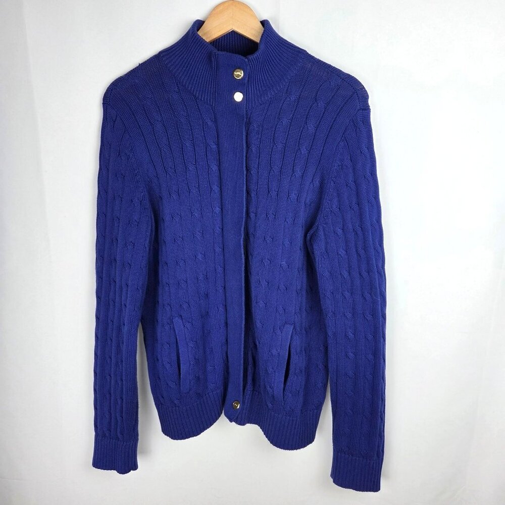 LRL Lauren Active Ralph Lauren Sweater Large Blue Cable Knit Cardigan Zip Preppy